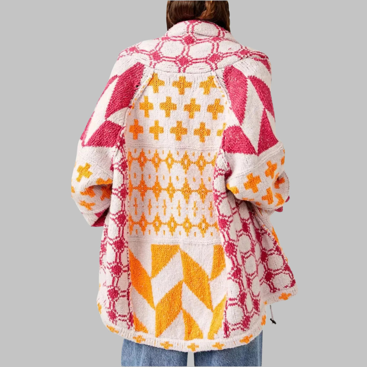 Women's knit open-front shawl collar cardigan with patchwork patterns