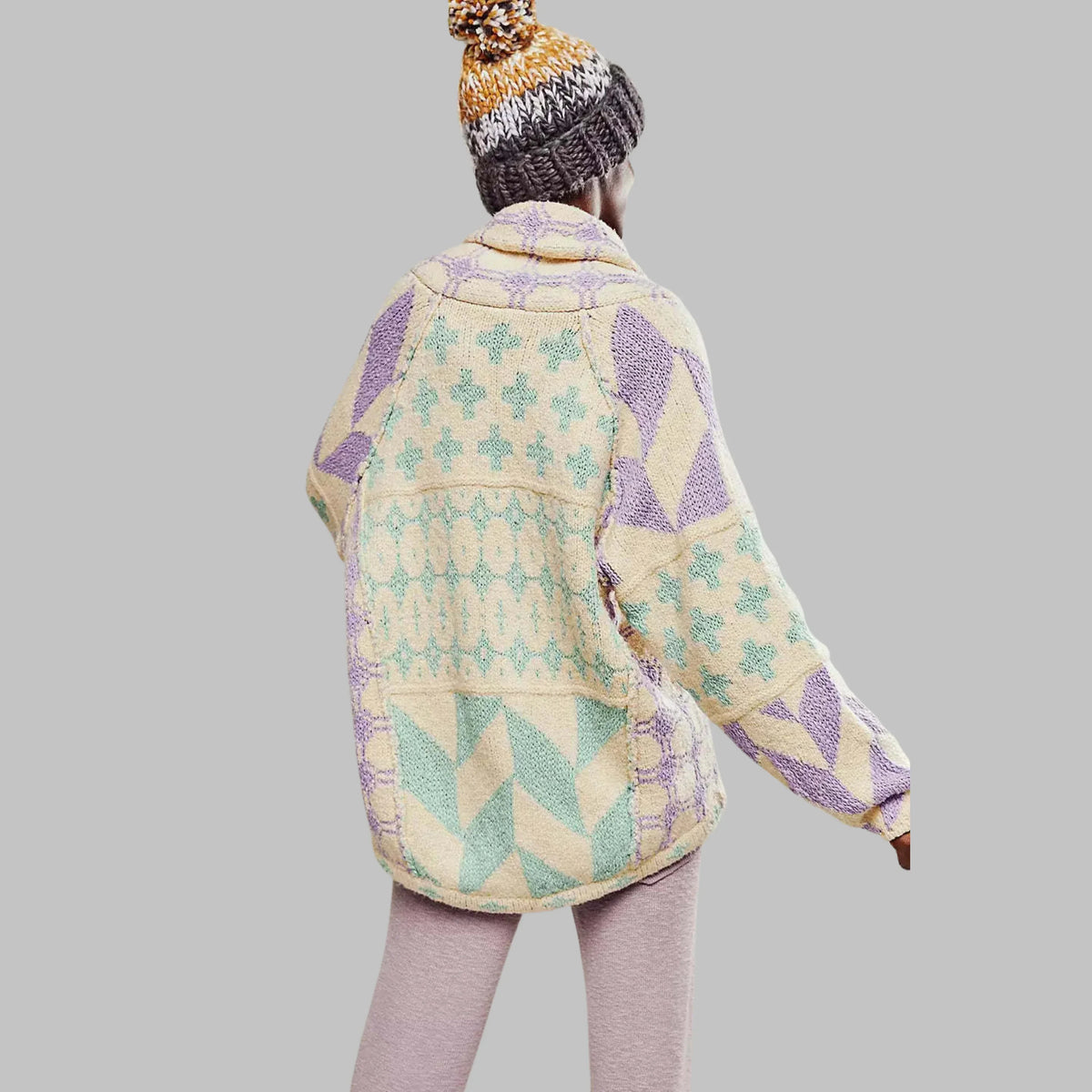 Women's knit open-front shawl collar cardigan with patchwork patterns