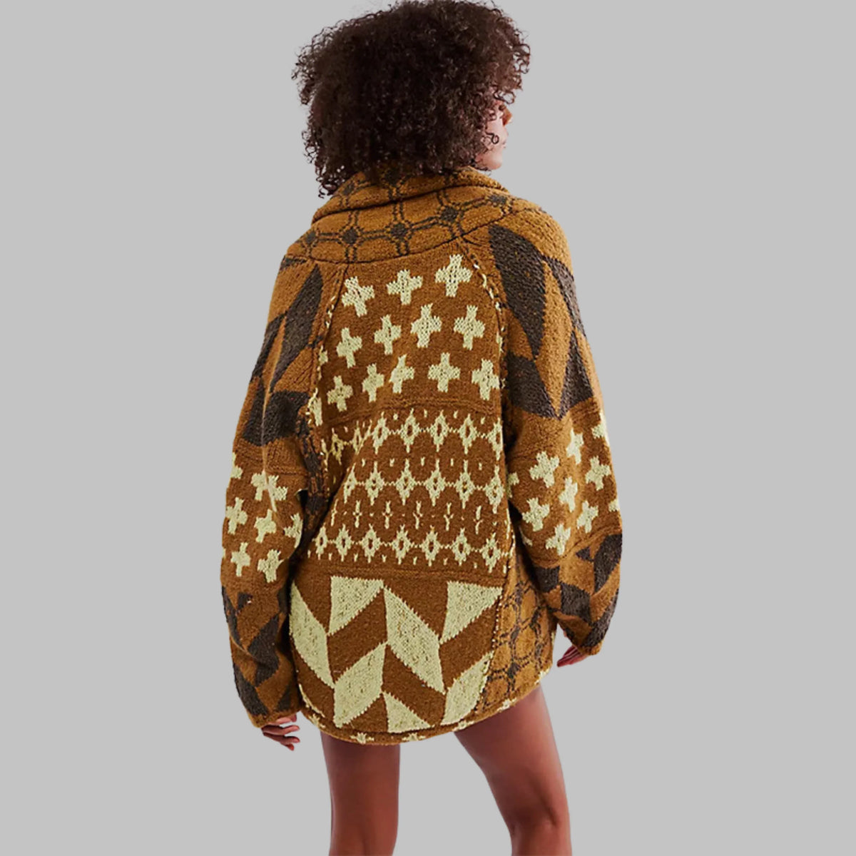 Women's knit open-front shawl collar cardigan with patchwork patterns