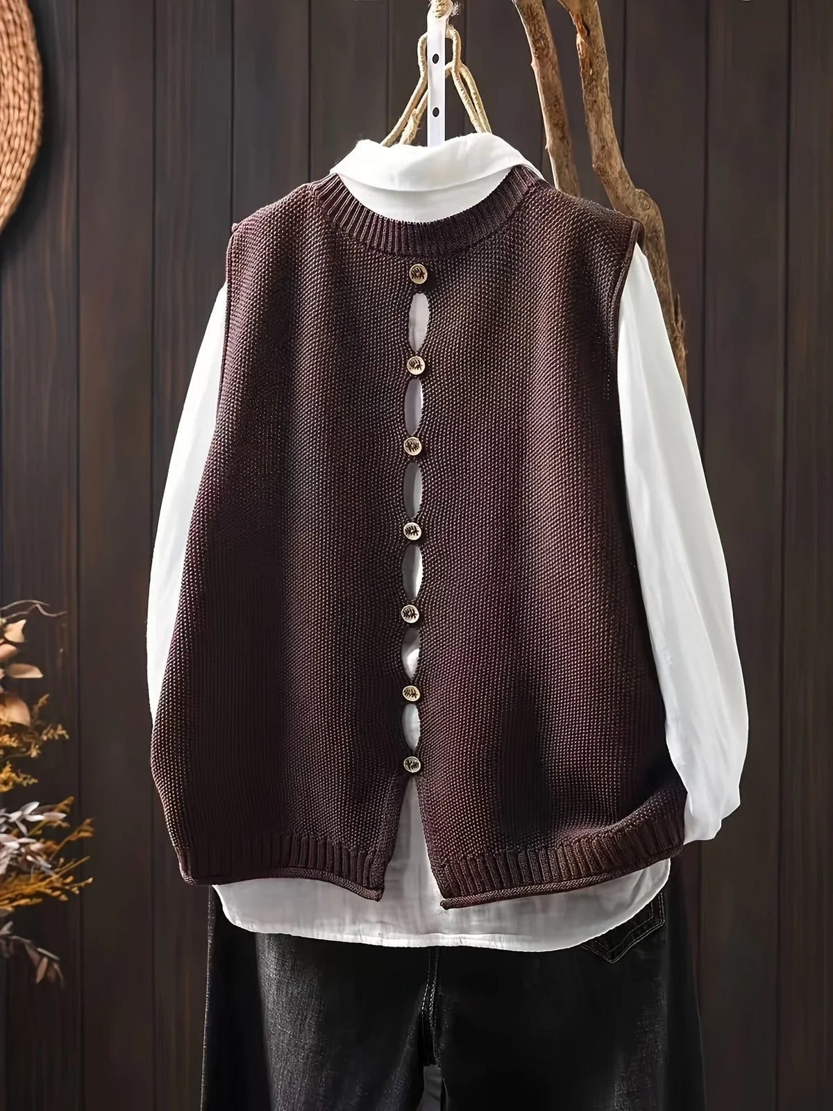 Women's knit crew neck sweater with button-back detail