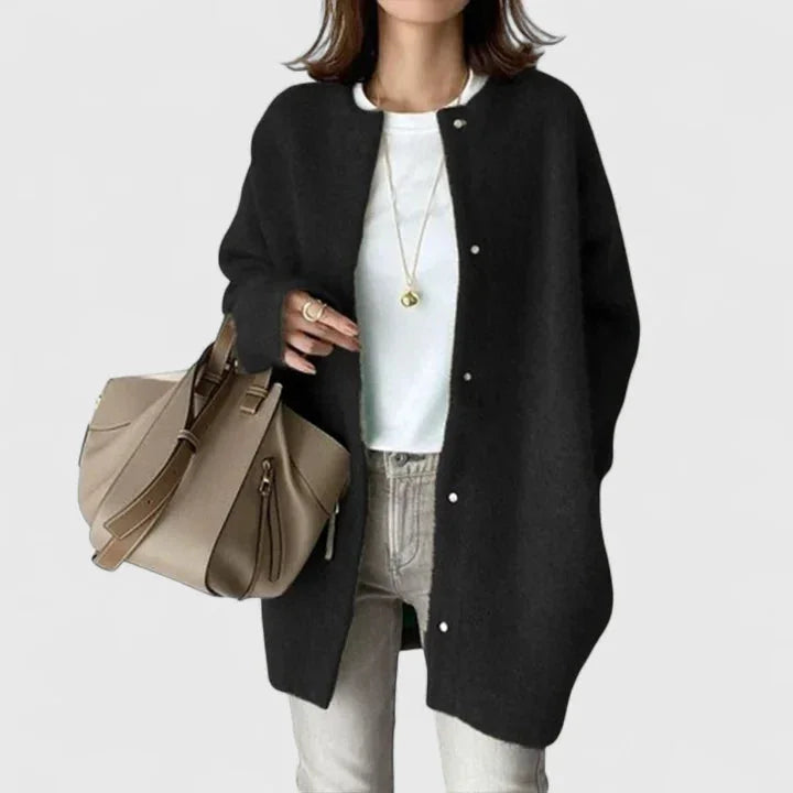 Women's knit button-front cardigan with dropped shoulder