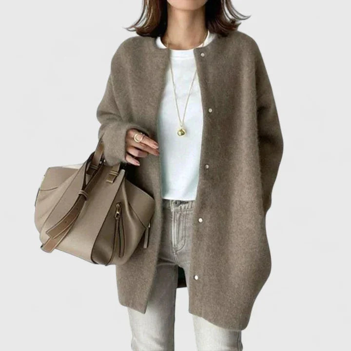 Women's knit button-front cardigan with dropped shoulder