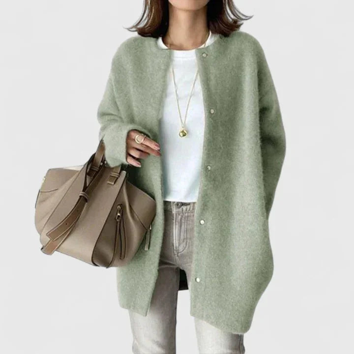 Women's knit button-front cardigan with dropped shoulder
