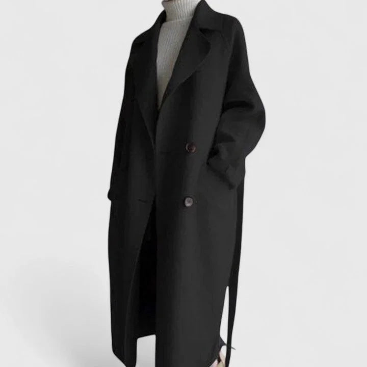 Women's double-breasted notch lapel wool coat with tie belt