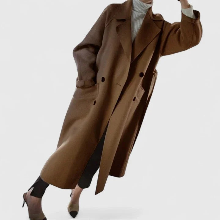 Women's double-breasted notch lapel wool coat with tie belt