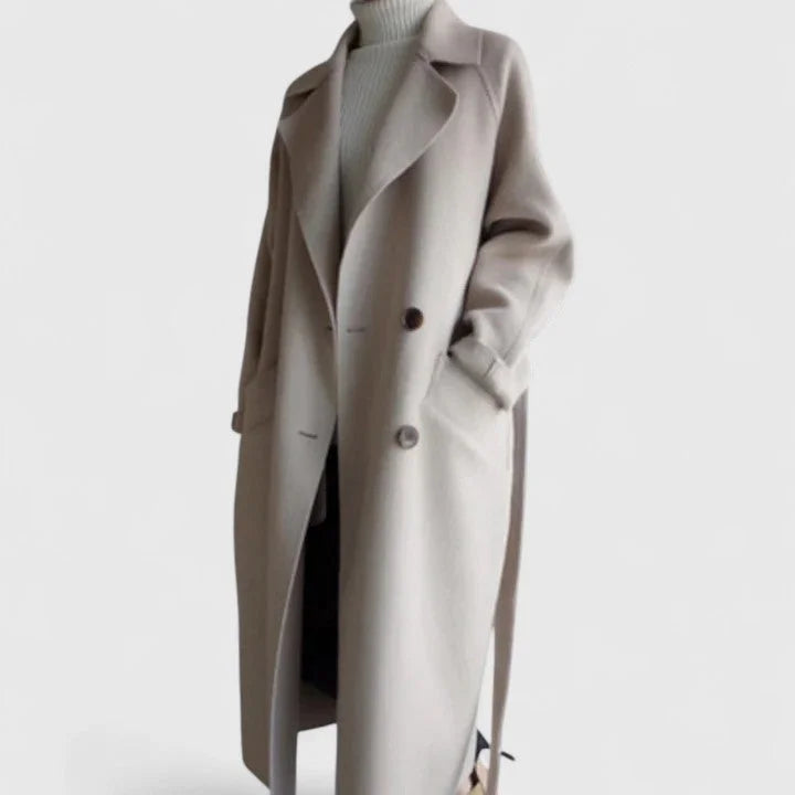 Women's double-breasted notch lapel wool coat with tie belt