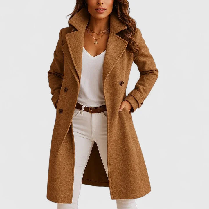 Women's double-breasted notch lapel wool coat with slit pockets