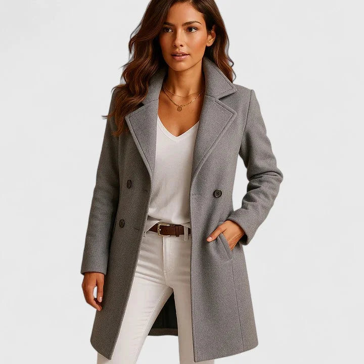 Women's double-breasted notch lapel wool coat with slit pockets