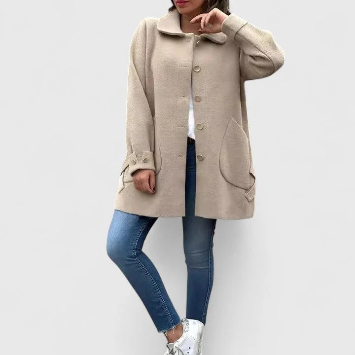 Women's button-front collared wool coat with large patch pockets