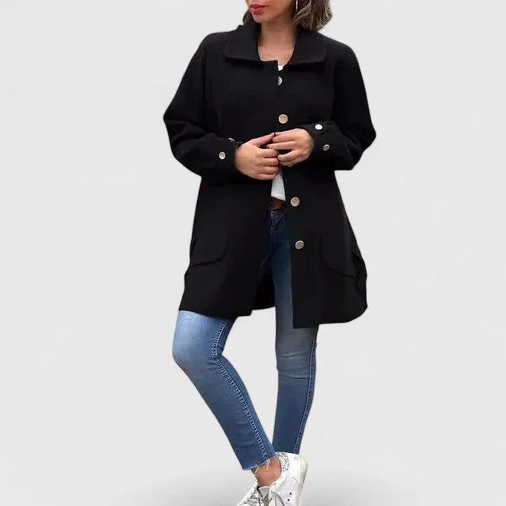 Women's button-front collared wool coat with large patch pockets