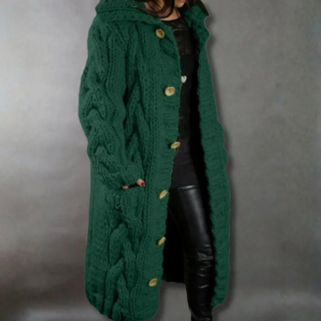 Women's cable knit button-front hooded cardigan with pockets