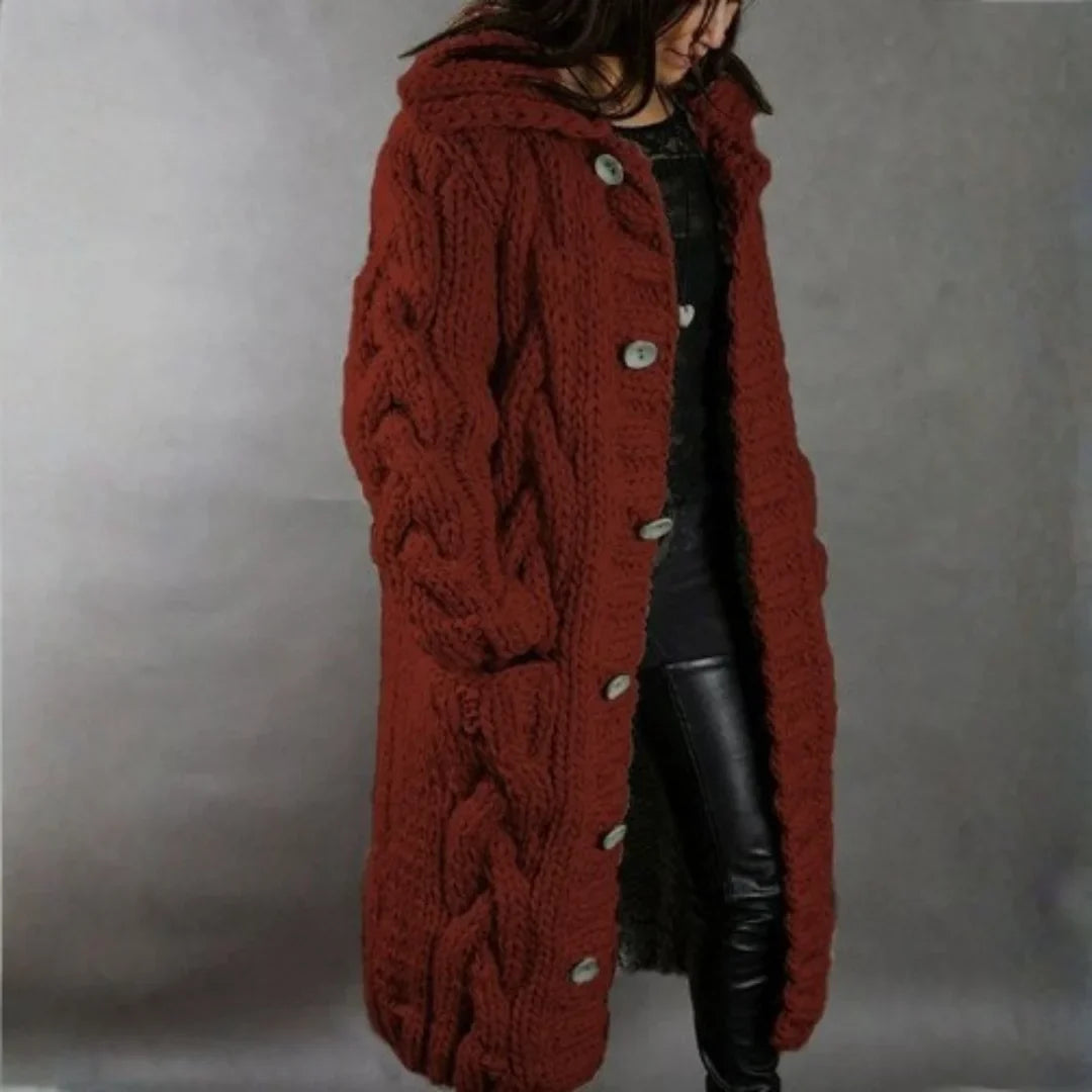 Women's cable knit button-front hooded cardigan with pockets