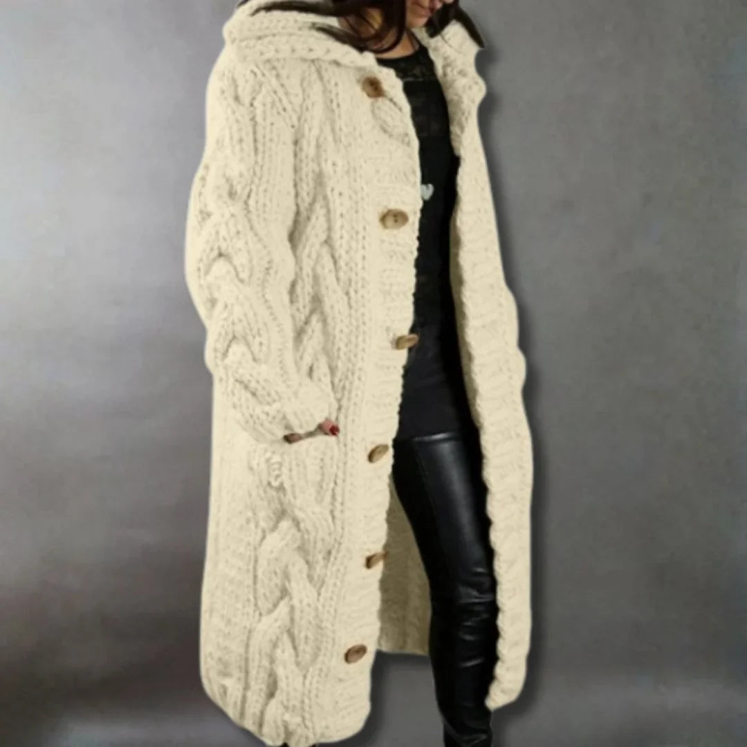 Women's cable knit button-front hooded cardigan with pockets