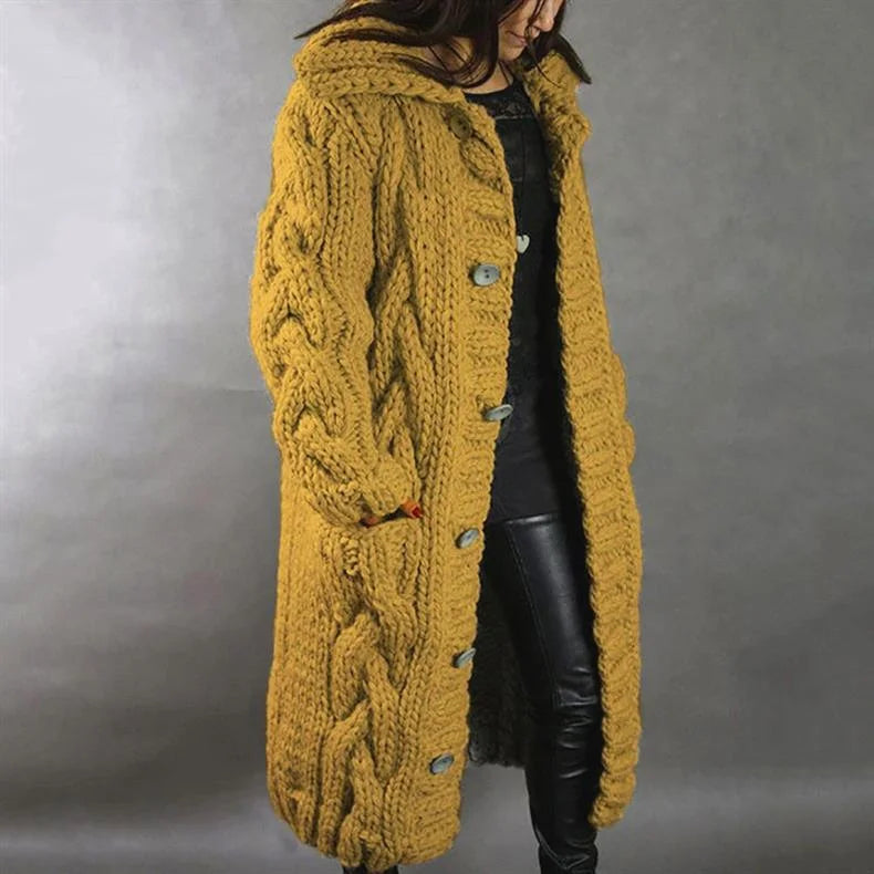 Women's cable knit button-front hooded cardigan with pockets