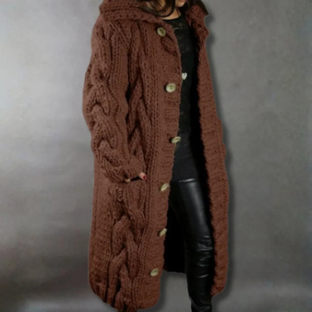 Women's cable knit button-front hooded cardigan with pockets