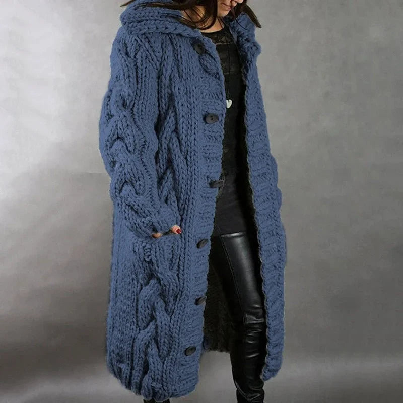 Women's cable knit button-front hooded cardigan with pockets