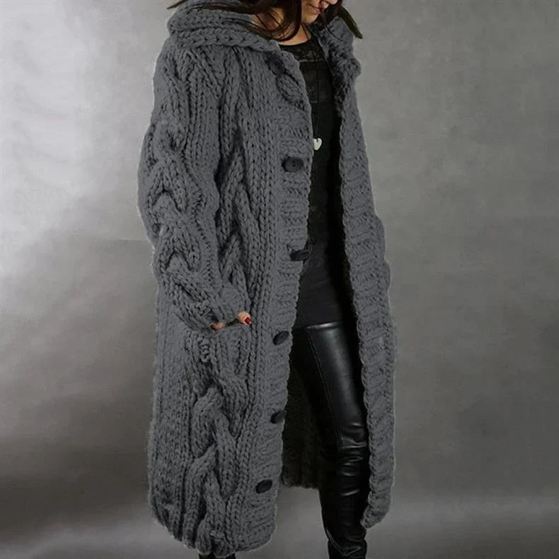 Women's cable knit button-front hooded cardigan with pockets