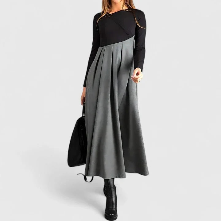 Women's colorblock v-neck midi dress with pleated skirt