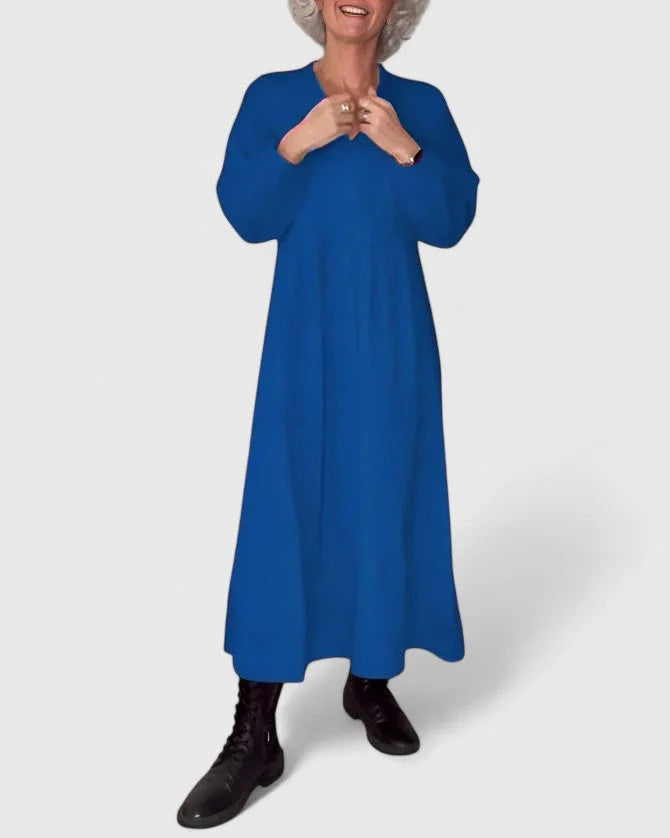 Women's knit v-neck midi dress with voluminous sleeves