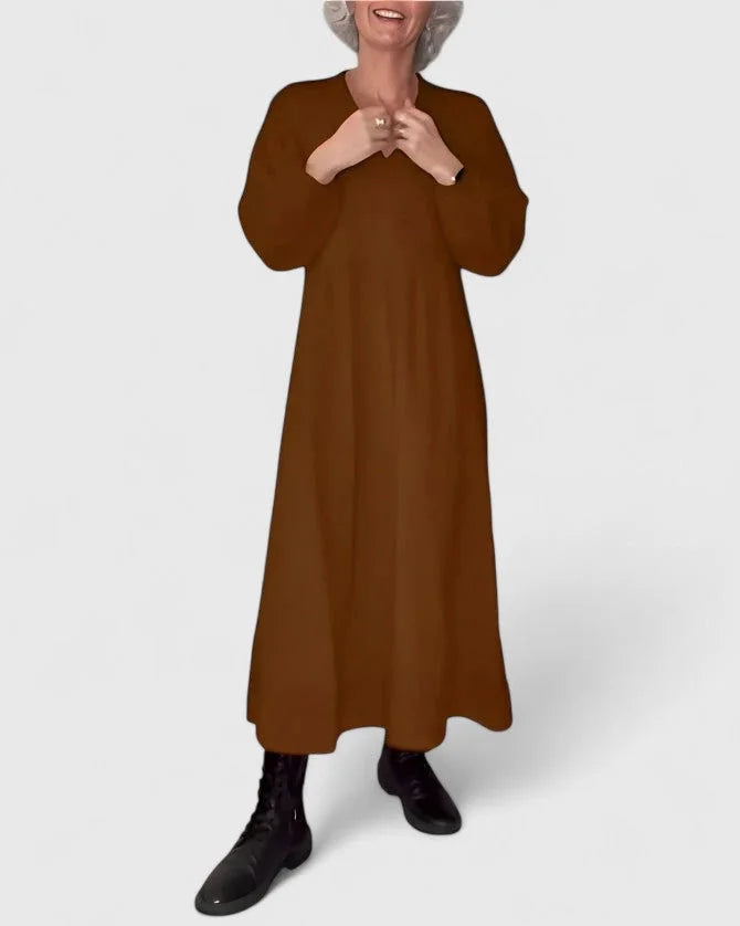 Women's knit v-neck midi dress with voluminous sleeves