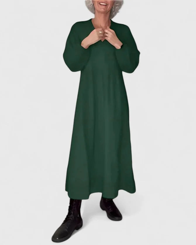 Women's knit v-neck midi dress with voluminous sleeves