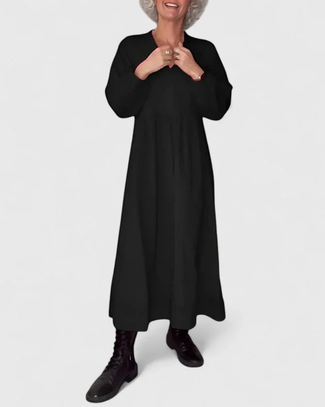 Women's knit v-neck midi dress with voluminous sleeves