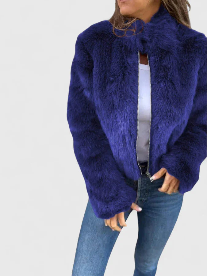 Women's faux fur zip-up stand collar jacket