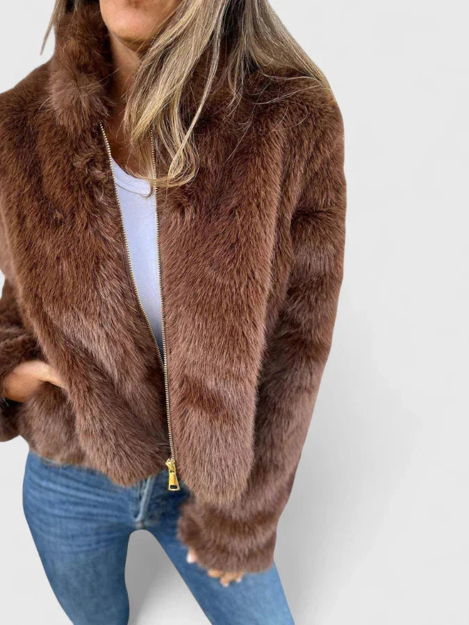 Women's faux fur zip-up stand collar jacket