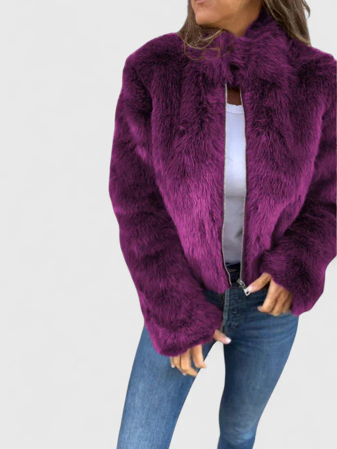 Women's faux fur zip-up stand collar jacket