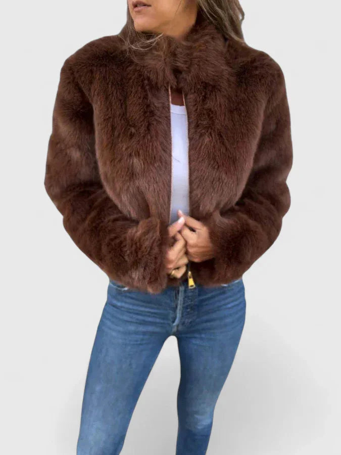 Women's faux fur zip-up stand collar jacket