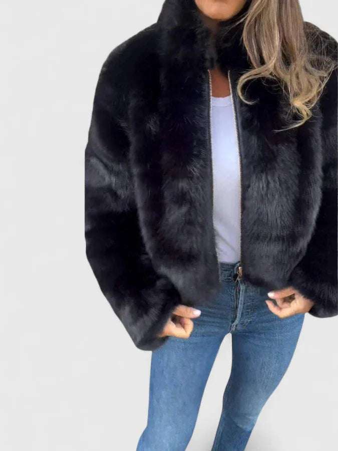 Women's faux fur zip-up stand collar jacket