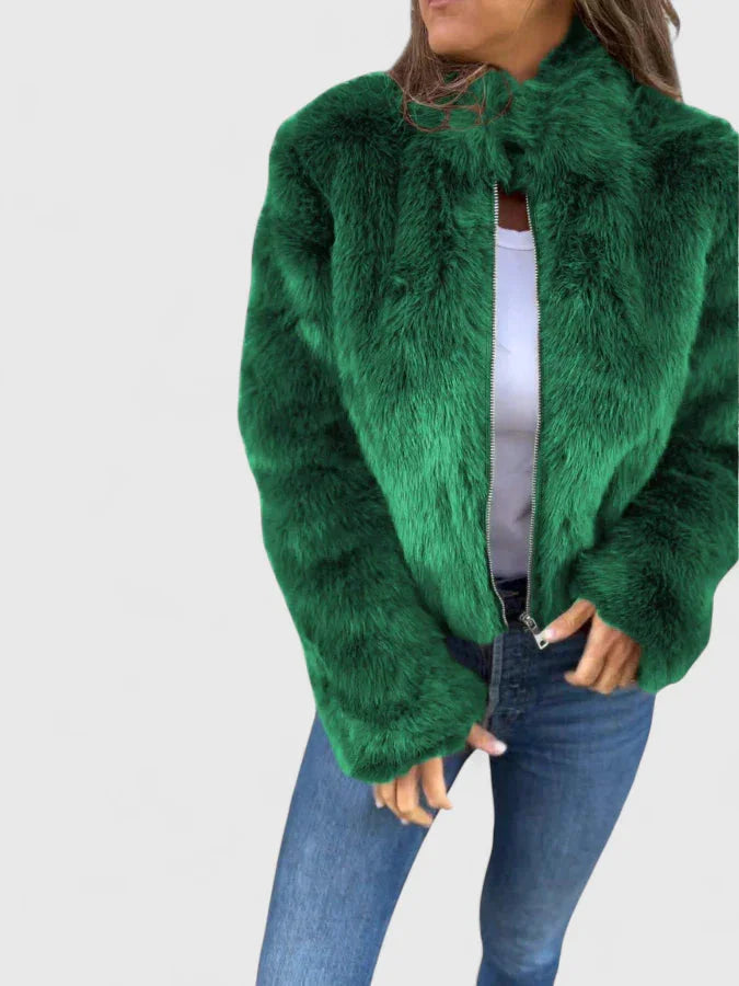 Women's faux fur zip-up stand collar jacket