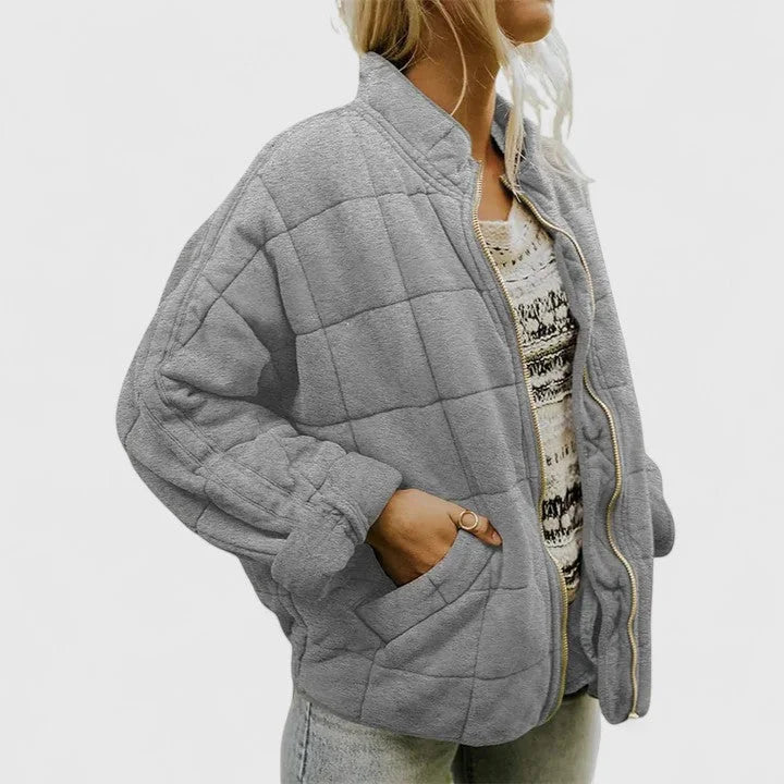 Women's zip-up stand collar puffer jacket with quilted box pattern