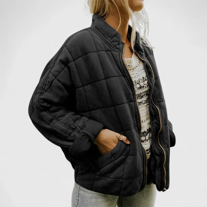 Women's zip-up stand collar puffer jacket with quilted box pattern