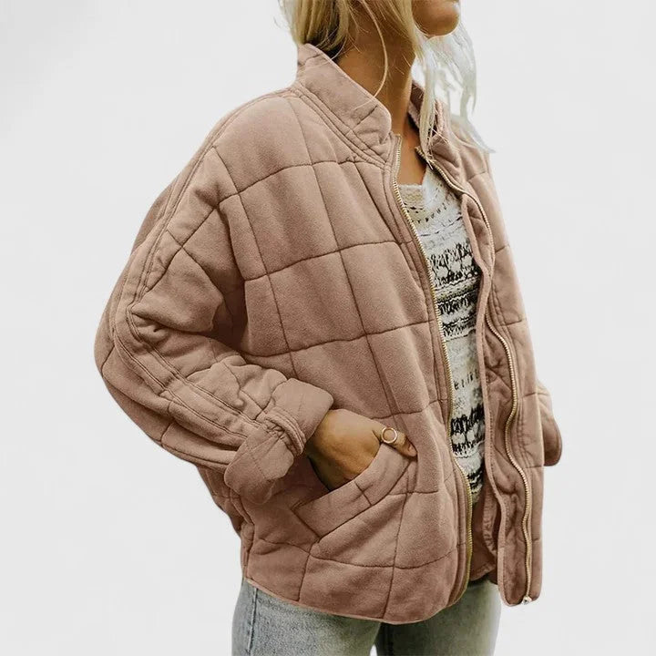 Women's zip-up stand collar puffer jacket with quilted box pattern