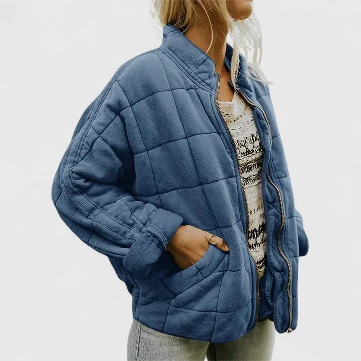 Women's zip-up stand collar puffer jacket with quilted box pattern