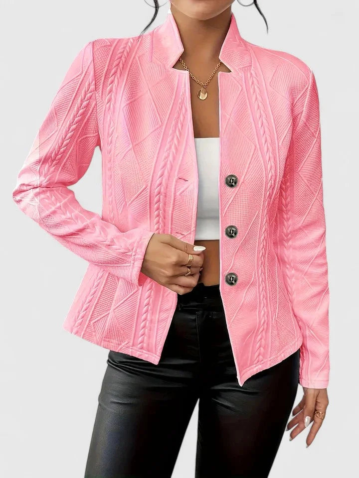 Women's knit button-front stand collar blazer with textured patterns