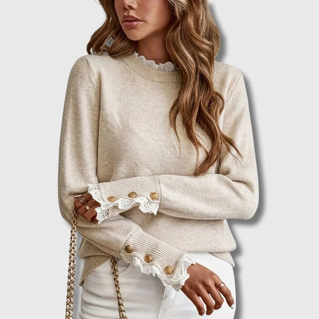 Women's knit crew neck sweater with lace trim cuffs