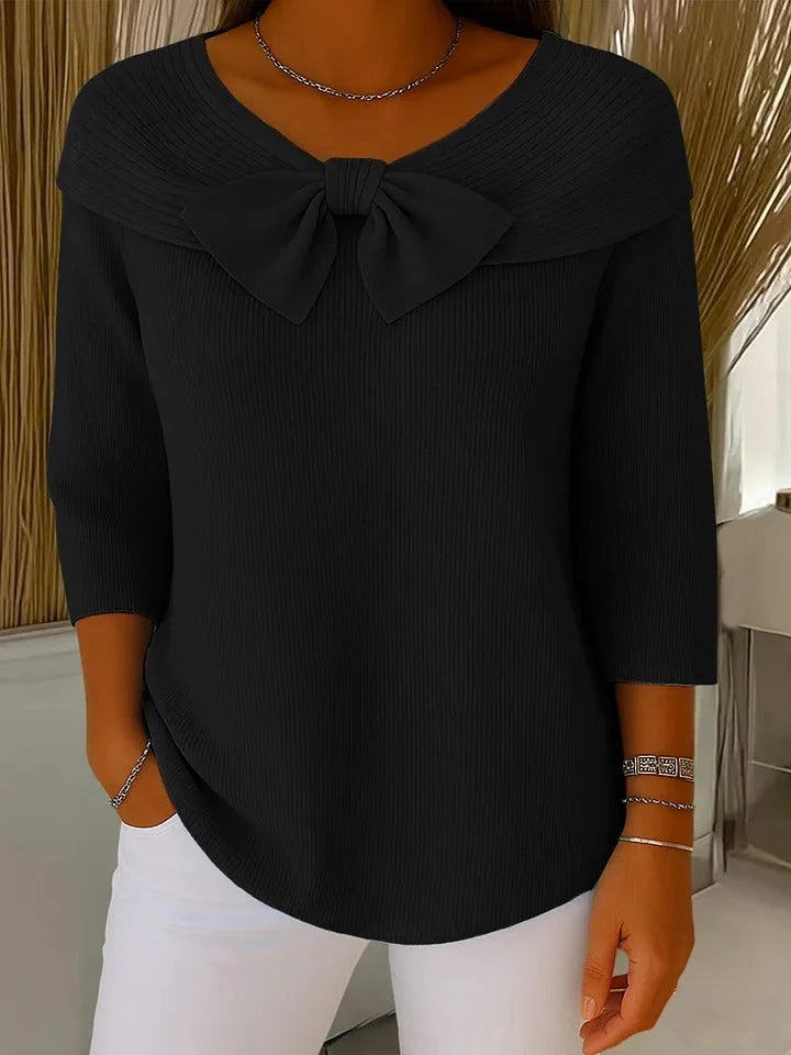 Women's ribbed v-neck sweater with bow collar