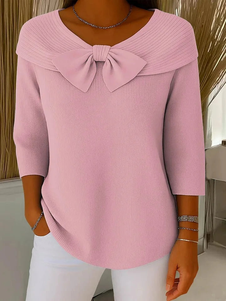 Women's ribbed v-neck sweater with bow collar