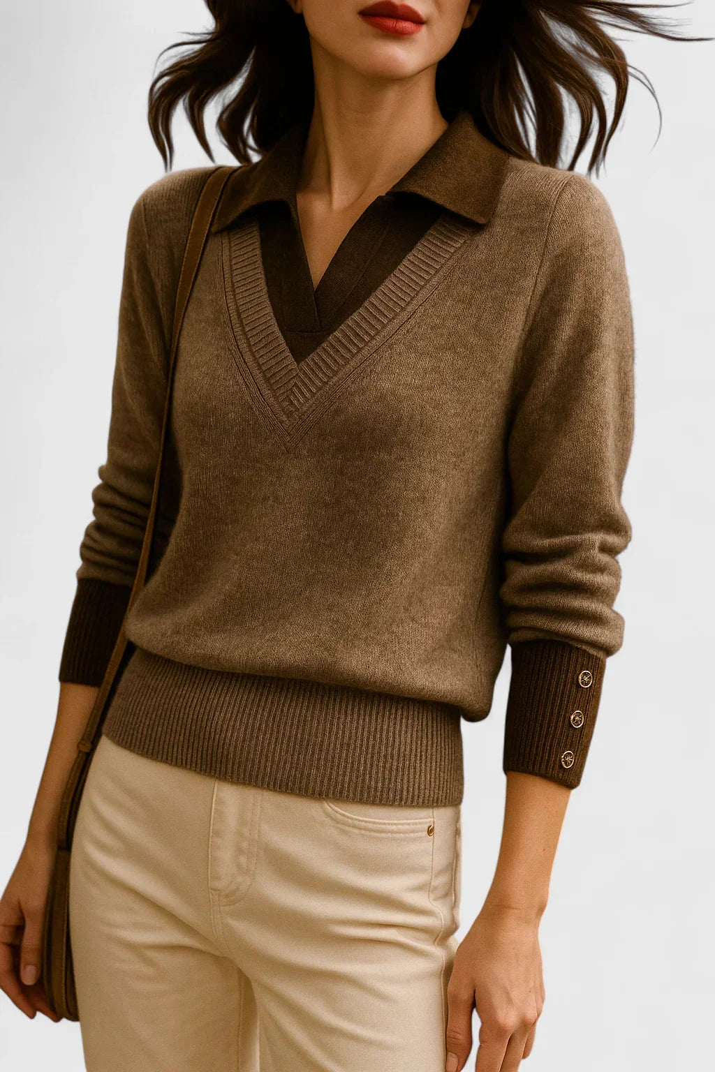 Women's knit collared sweater with contrast v-neck