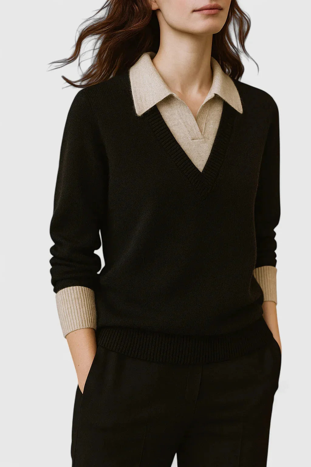 Women's knit collared sweater with contrast v-neck