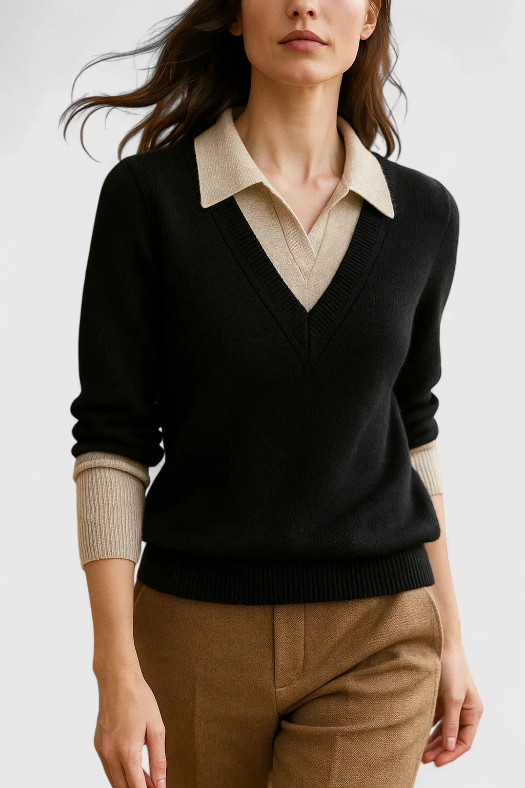 Women's knit collared sweater with contrast v-neck
