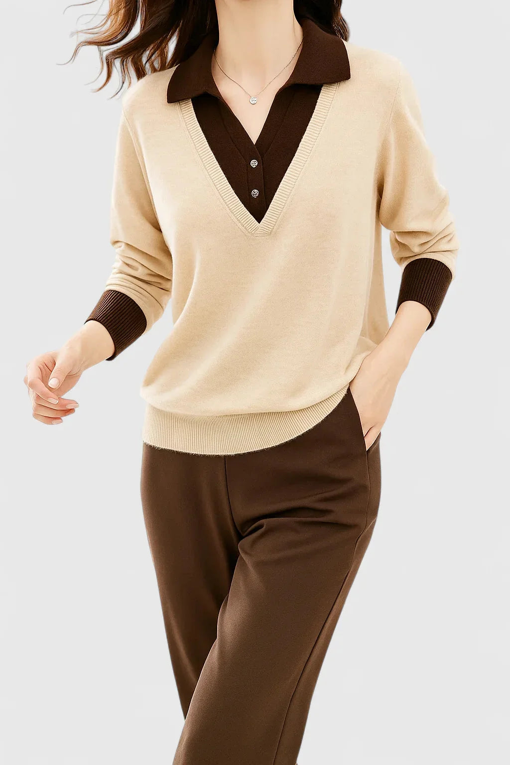 Women's knit collared sweater with contrast v-neck
