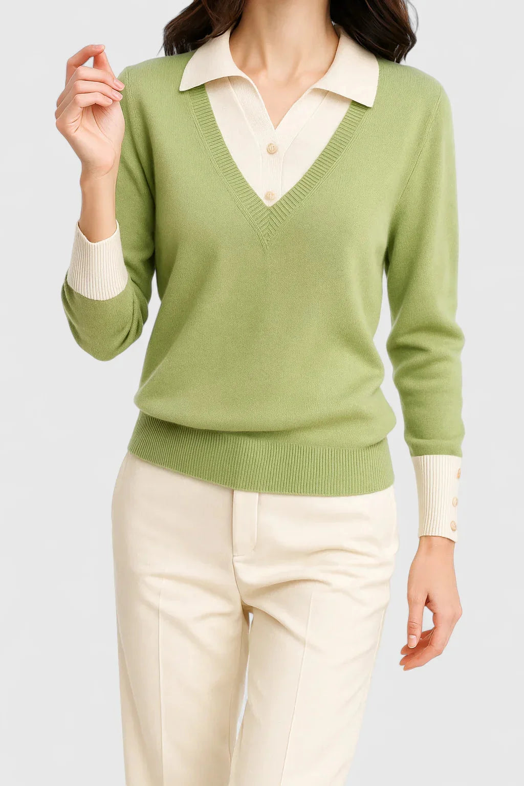 Women's knit collared sweater with contrast v-neck