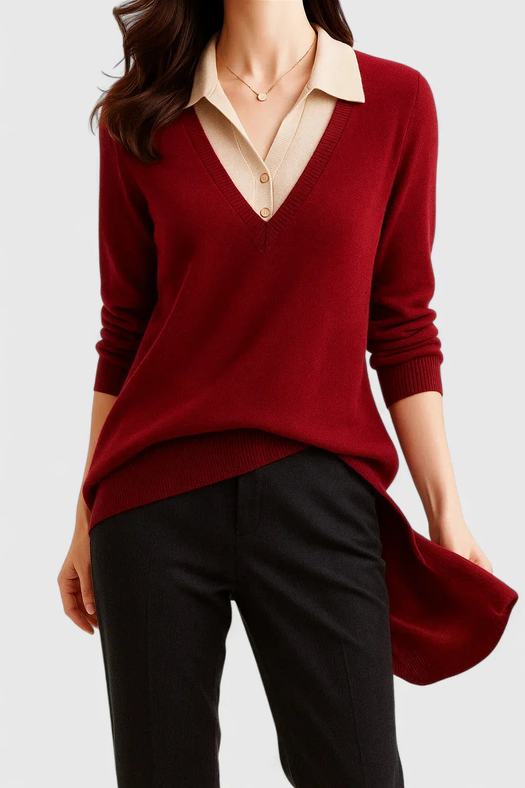 Women's knit collared sweater with contrast v-neck
