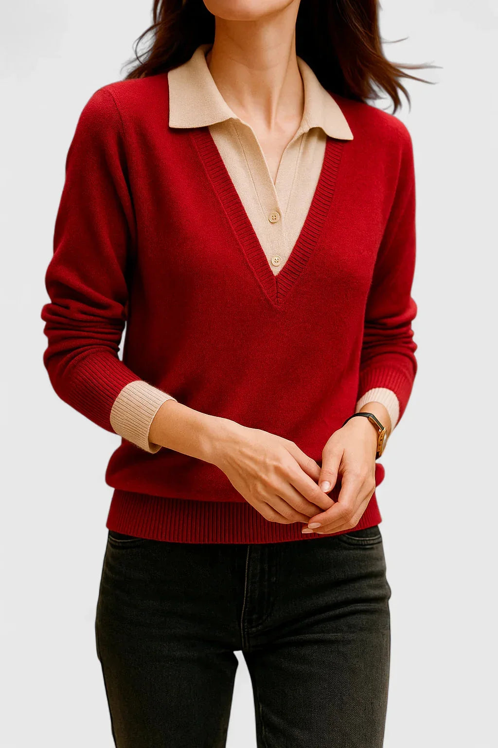 Women's knit collared sweater with contrast v-neck