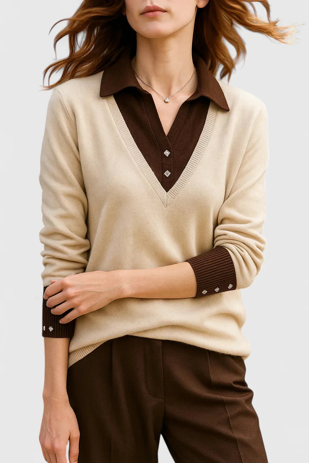 Women's knit collared sweater with contrast v-neck