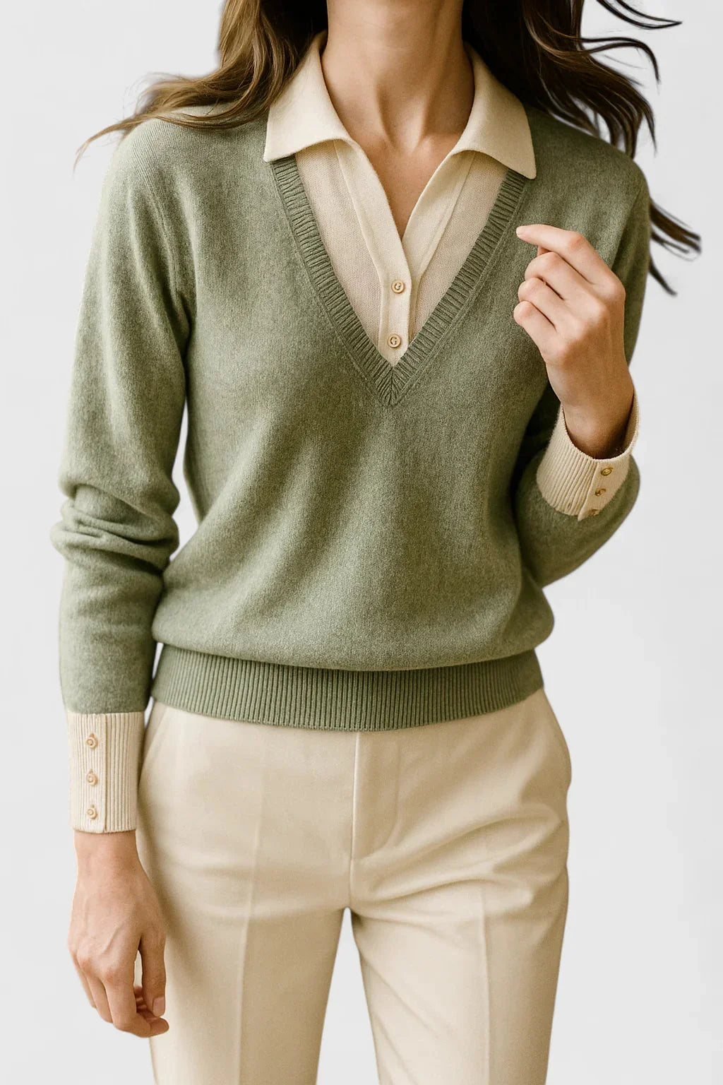 Women's knit collared sweater with contrast v-neck