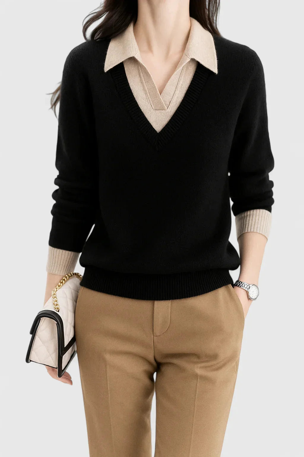Women's knit collared sweater with contrast v-neck
